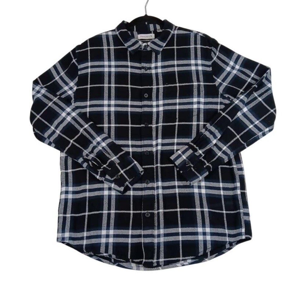 Pacsun Shirt Mens Medium Black‎ Blue White Plaid Button Down Flannel Casual